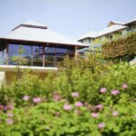 View across lush gardens to elevated apartments at St Ives Centro retirement village